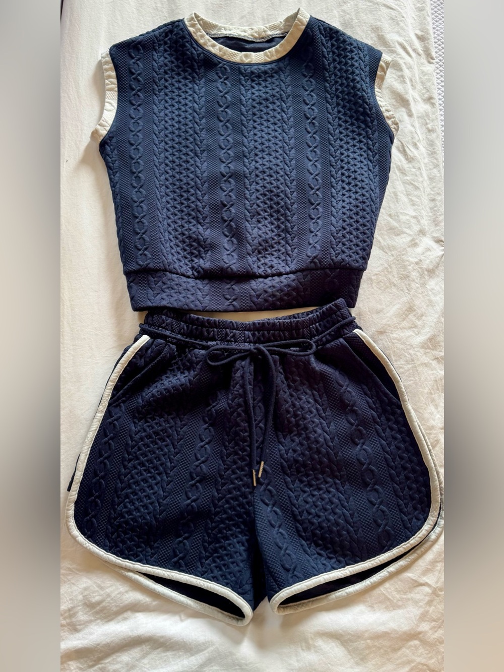 Matching Set Navy Cable-Knit Shorts and Tank White Trim Similar to Varley